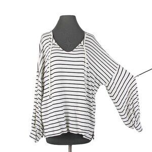 CAbi Sz M White Black Strip Oversize Dropped Shldr Banded Sleeve Rayon Blend Top